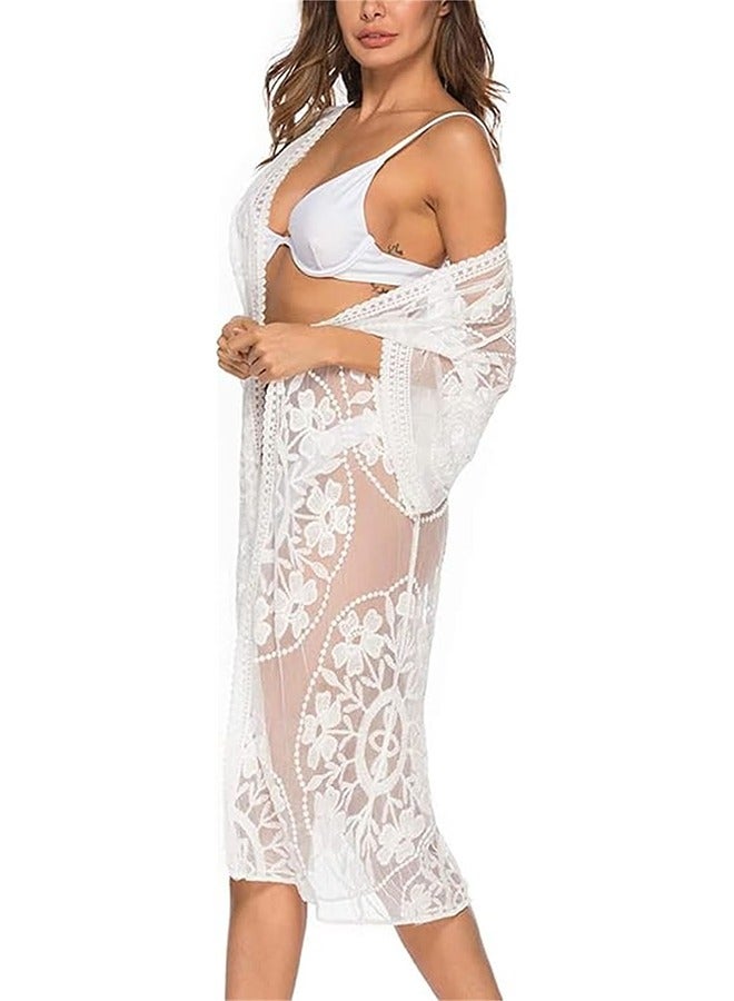 Unewshi Women's Long Flowy Lace Kimono Cardigan Boho Style Summer Beach Open Cover Ups,  Bikini Cover Up, Beach Swimwear, Ruffle Short Sleeves Dress, Ladies Cardigan Button Dress, Summer Long Dress For Women, Coverups For Beach Hawaii Vacation - Image 4