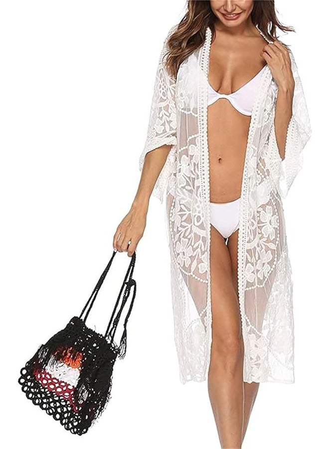 Unewshi Women's Long Flowy Lace Kimono Cardigan Boho Style Summer Beach Open Cover Ups,  Bikini Cover Up, Beach Swimwear, Ruffle Short Sleeves Dress, Ladies Cardigan Button Dress, Summer Long Dress For Women, Coverups For Beach Hawaii Vacation - Image 5