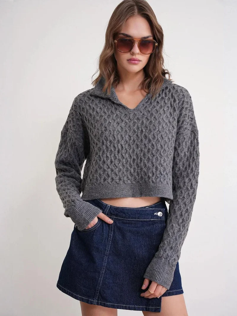 MixRay Mixray Relaxed Fit Crop Sweater with Shirt Collar
