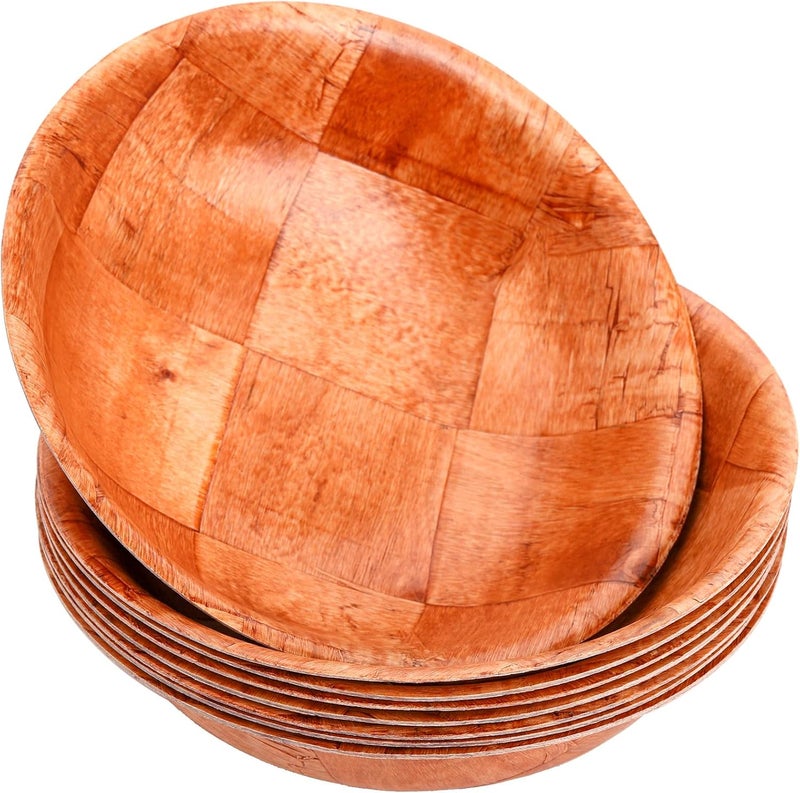 Elsjoy 8 Pack Wooden Woven Salad Bowl, 8 Inch Stackable Round Wood Serving Bowl, Rustic Mixing Bowl for Salad, Fruits, Vegetables, Natural Birch Wood - Image 1