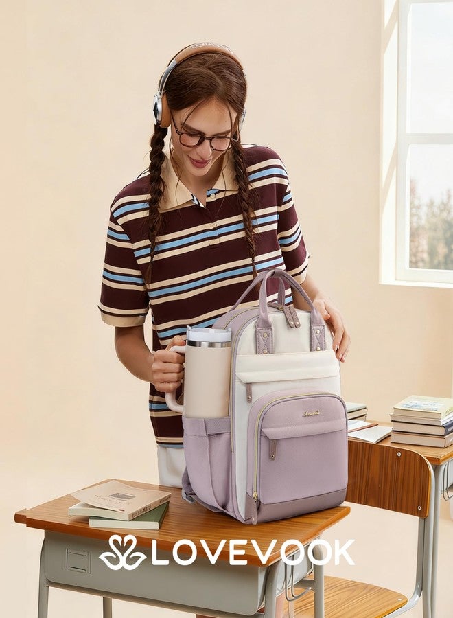 LOVEVOOK Laptop Backpack Women with Giant Tumbler Holder Pocket,15.6 inch School College Book Bag Nurse Teacher Backpack,Work Travel Backpack Laptop Computer Bag,Light purple-Off-white-Pinkish purple - Image 2