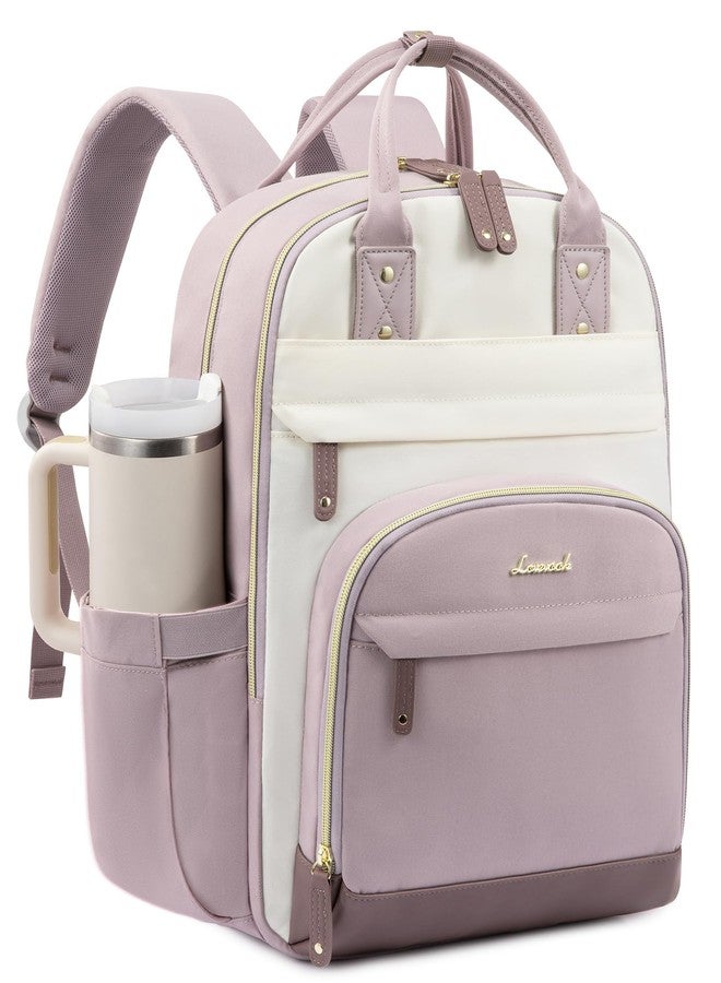 LOVEVOOK Laptop Backpack Women with Giant Tumbler Holder Pocket,15.6 inch School College Book Bag Nurse Teacher Backpack,Work Travel Backpack Laptop Computer Bag,Light purple-Off-white-Pinkish purple - Image 1