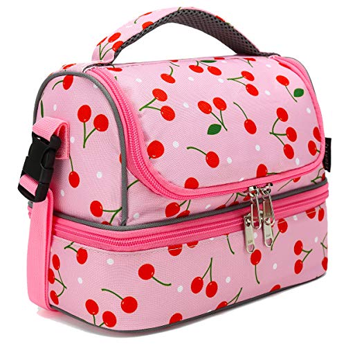 FlowFly Kids Double Decker Cooler Insulated Lunch Bag Large Tote for Boys, Girls, Men, Women, With Adjustable Strap, Cherry - Image 1