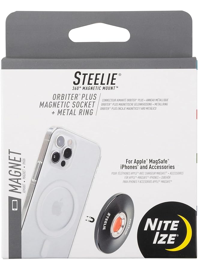 نايت آيز ، Inc. Stoms-01-R8 Nite Ize Steelie Orbiter Plus Socket + Metal Ring، حامل لهاتف iPhone 12 / Mini/Pro Max، يعمل في السيارة مع حامل مغناطيسي لشاحن Magsafe، أسود - Image 1