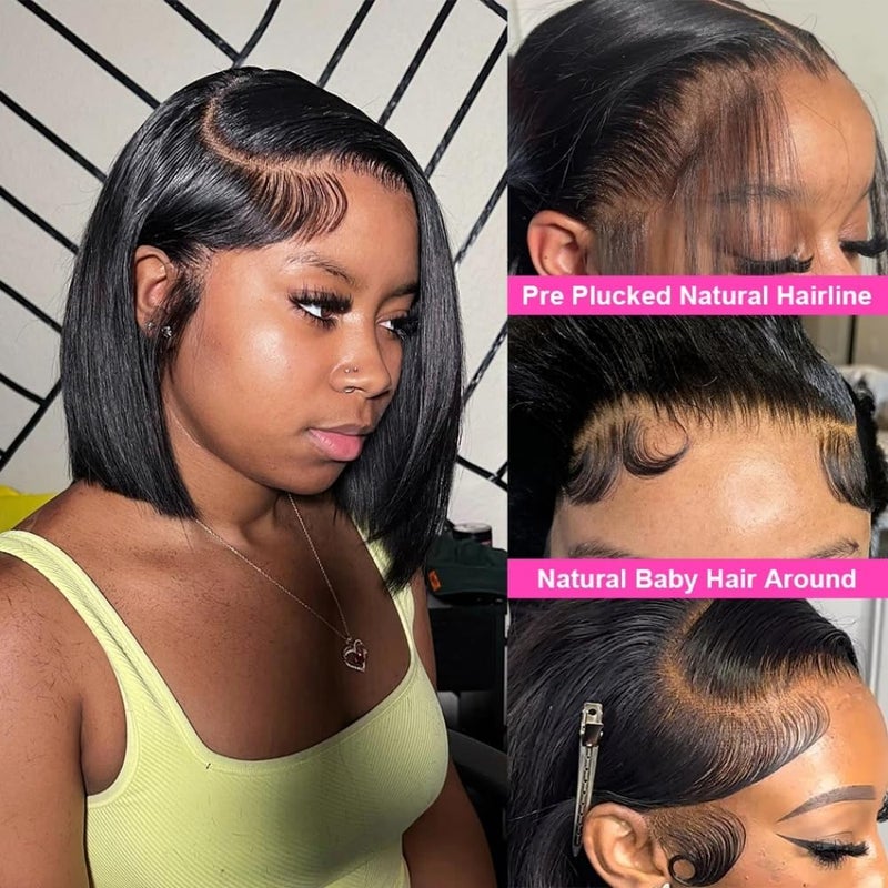 HUIDI 13x4 Lace Front Bob Wigs Human Hair 200 Density HD Transparent Lace Bob Wig for Women 14 inch Short Straight Bob Lace Frontal Wigs Glueless Pre Plucked With Baby Hair Straight Bob Wig Natural Color - Image 2