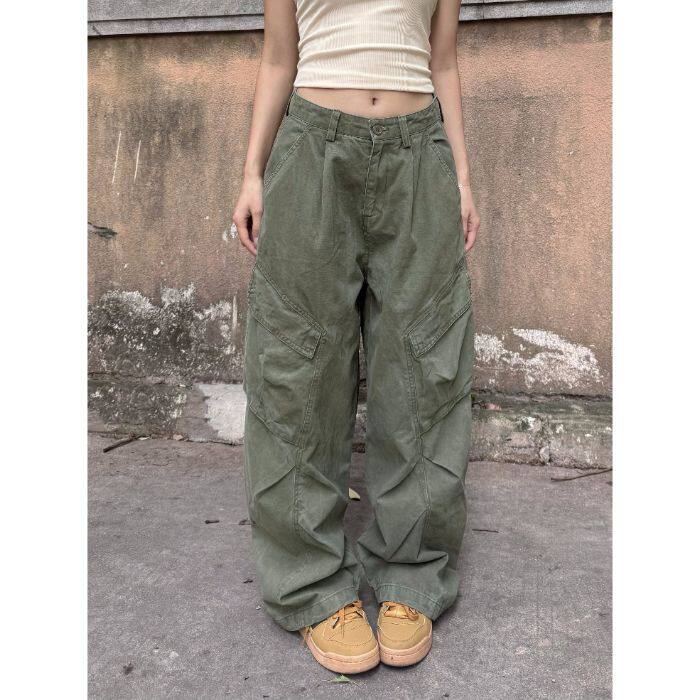 American retro washed cotton deconstructed design sense multi-pocket pleated work pants trendy loose straight pants for men and women - Image 2