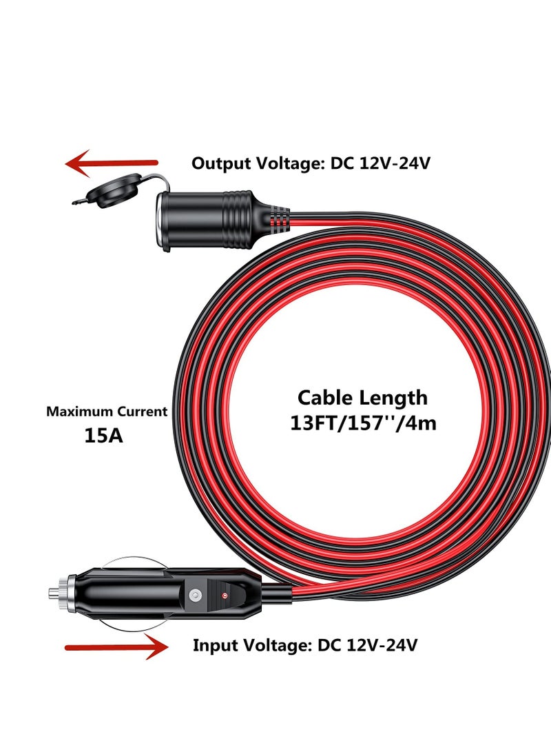 13FT Cigarette Lighter Extension Cord, 12V 24V Cigarette Lighter Plug to Socket 16AWG Heavy Duty Extension Cable with 15A Fuse and LED Indicator Car Cigarette Lighter Aux Socket Plug Connector - Image 2