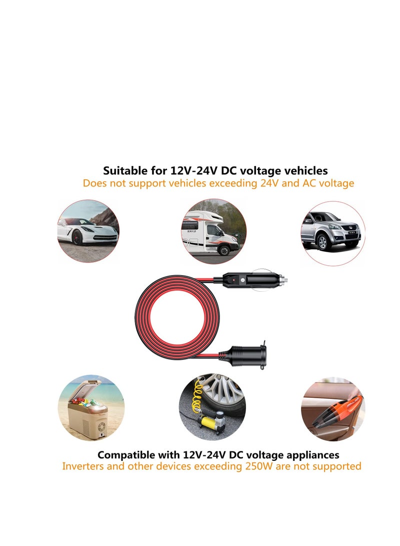13FT Cigarette Lighter Extension Cord, 12V 24V Cigarette Lighter Plug to Socket 16AWG Heavy Duty Extension Cable with 15A Fuse and LED Indicator Car Cigarette Lighter Aux Socket Plug Connector - Image 3