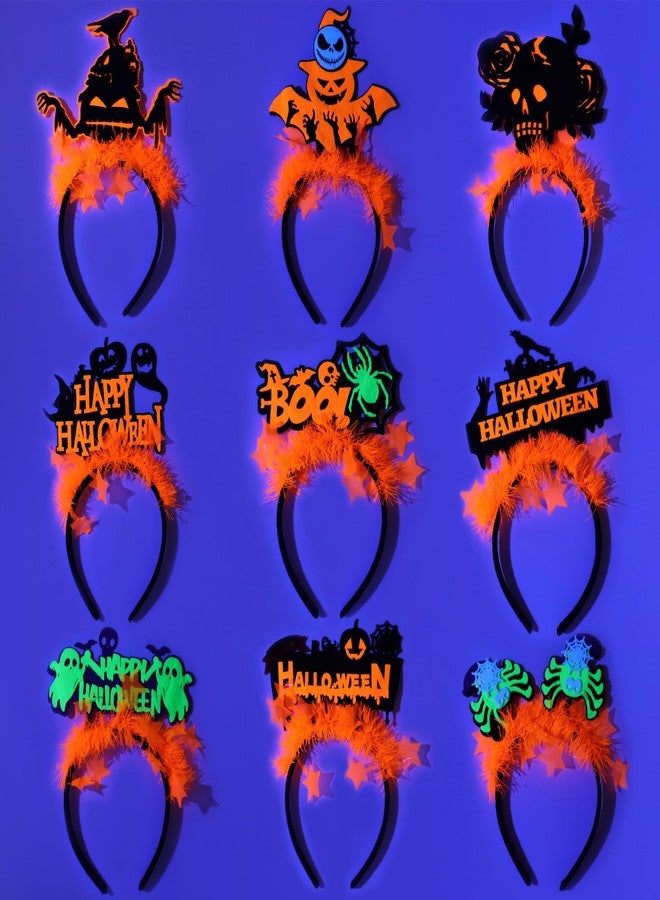 Oiuros 9PCS Glow Halloween Headbands for Women Kids - UV Reactive Hair Accessories with Pumpkin, Bat, Skull & Spider Designs for Halloween Glow Party Favors Decoration, Costumes, Trick or Treat, Photo Props - Image 2