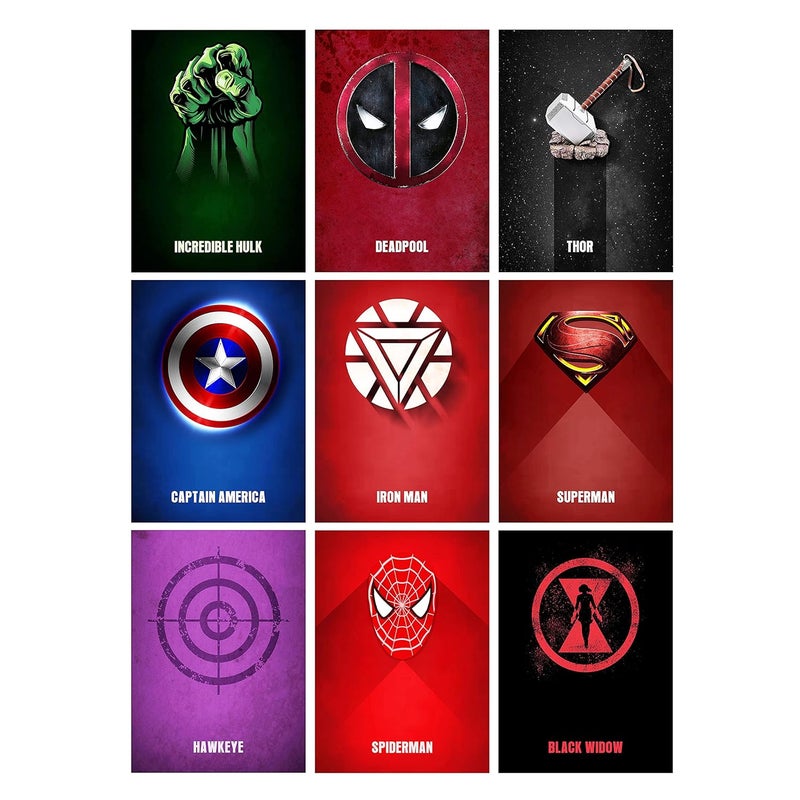 Teko Craft Teko Craft Superheros Marvel Inspirational and Motivational Posters Pack of 9 Hulk Deadpool Thor Iron Man Captain America Superman Hawkeye Spiderman Black Widow Size 9 x 12 Inch