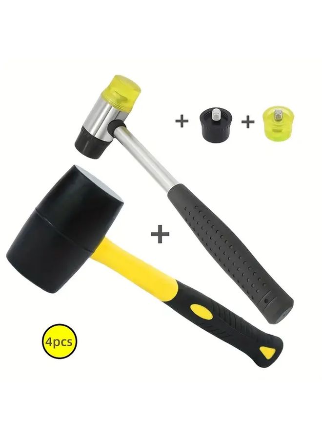 4pcs Rubber Mallet Set 1 Rubber Mallet 1 Double Sided Interchangeable Hammer Head 2 Replacement Heads Anti Vibration Cushioned Non Slip Handle Flooring Tiles Crafts Woodwork Home Decor - Image 1