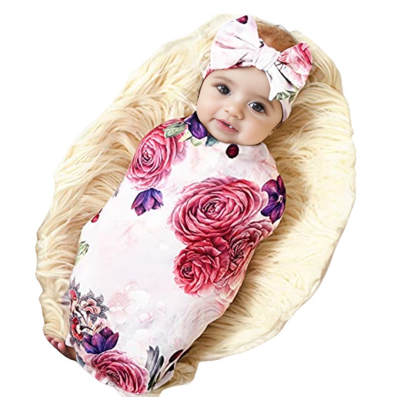 Galabloomer Newborn Receiving Blanket Headband Set Baby Flower Rose Swaddle with Big Bow (Nostalgia Rose) - Image 1