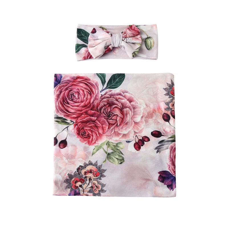Galabloomer Newborn Receiving Blanket Headband Set Baby Flower Rose Swaddle with Big Bow (Nostalgia Rose) - Image 3