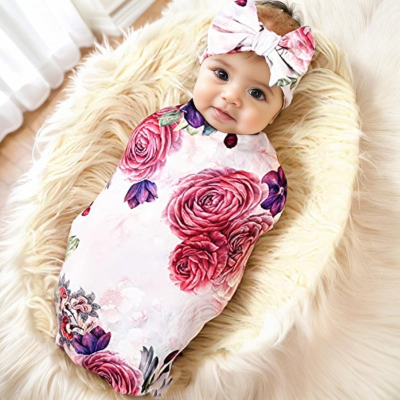 Galabloomer Newborn Receiving Blanket Headband Set Baby Flower Rose Swaddle with Big Bow (Nostalgia Rose) - Image 2