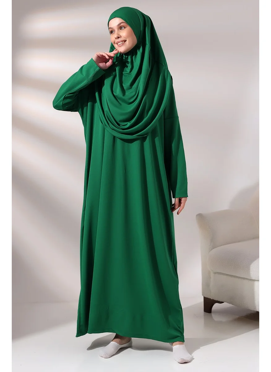 İhvan Ihvan Emerald Green Women's Practical Headscarf One-Piece Prayer Dress with Bag