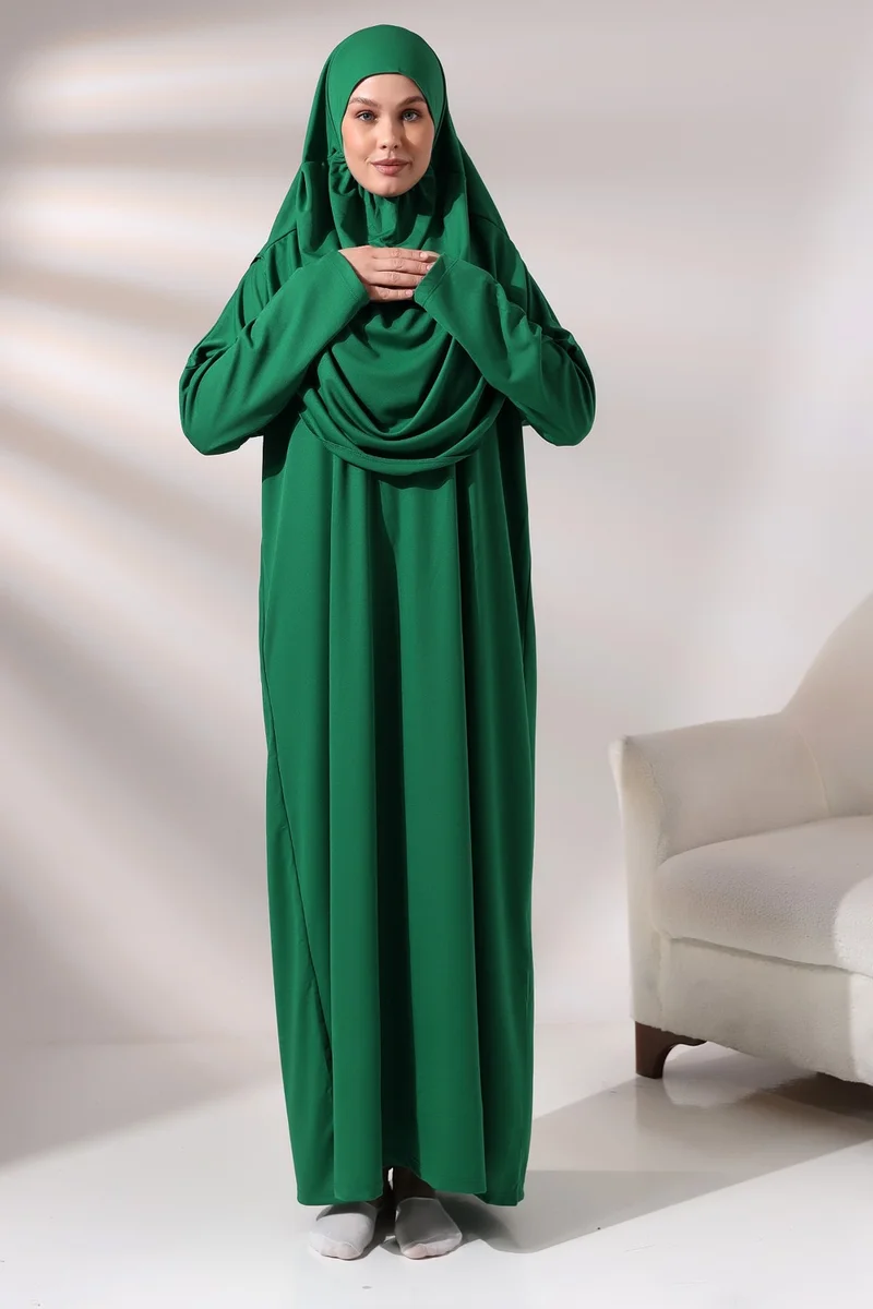 İhvan Ihvan Emerald Green Women's Practical Headscarf One-Piece Prayer Dress with Bag