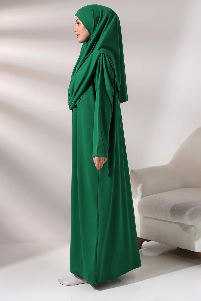 İhvan Ihvan Emerald Green Women's Practical Headscarf One-Piece Prayer Dress with Bag