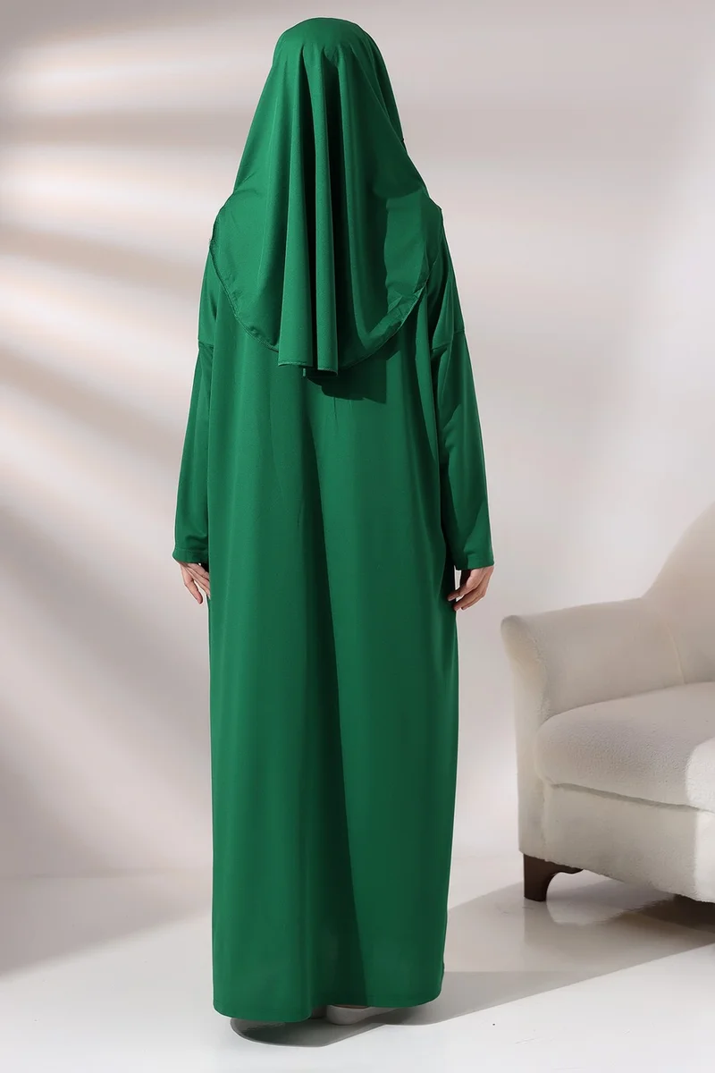 İhvan Ihvan Emerald Green Women's Practical Headscarf One-Piece Prayer Dress with Bag