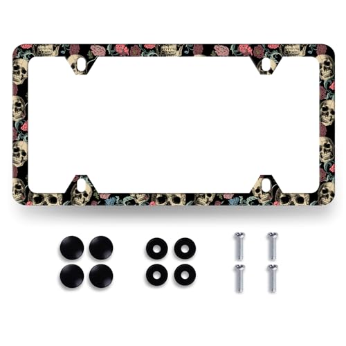 MUAWUOIK Skulls Flowers License Plate Frame Colorful Skull License Plate Stainless Steel Funny Accessories Cars Decor 122 X 62 Inch with 4 Holes and Screws Fits Standard Us Ca Vehicles - Image 1