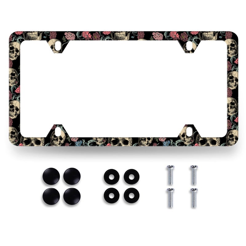 MUAWUOIK Skulls Flowers License Plate Frame Colorful Skull License Plate Stainless Steel Funny Accessories Cars Decor 122 X 62 Inch with 4 Holes and Screws Fits Standard Us Ca Vehicles - Image 3