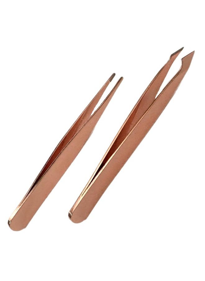 ALAZCO - 2pc Compact Tweezers Set – Multipurpose Mini Slanted & Pointed Tweezer - Eyebrows Facial Hair Splinter Thorns Ingrown Hair Removal First Aid Kit - Professional Stainless Steel Rose Gold - Image 1