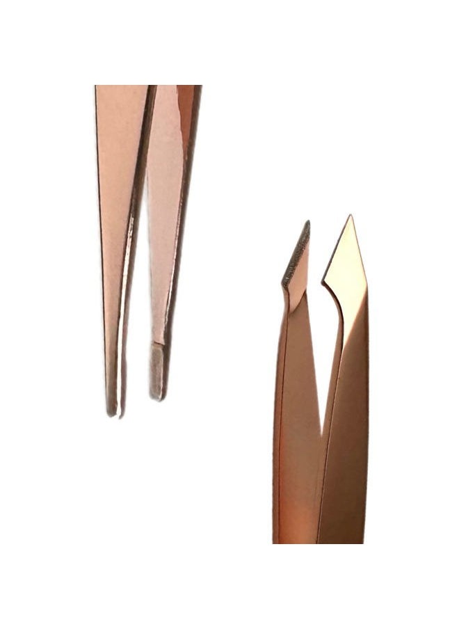 ALAZCO - 2pc Compact Tweezers Set – Multipurpose Mini Slanted & Pointed Tweezer - Eyebrows Facial Hair Splinter Thorns Ingrown Hair Removal First Aid Kit - Professional Stainless Steel Rose Gold - Image 1
