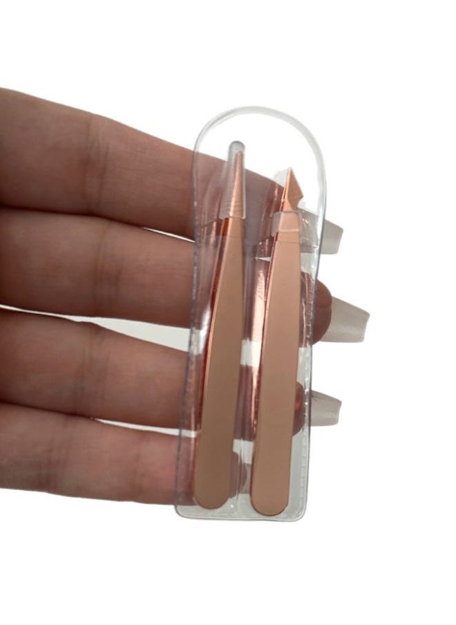 ALAZCO - 2pc Compact Tweezers Set – Multipurpose Mini Slanted & Pointed Tweezer - Eyebrows Facial Hair Splinter Thorns Ingrown Hair Removal First Aid Kit - Professional Stainless Steel Rose Gold - Image 1