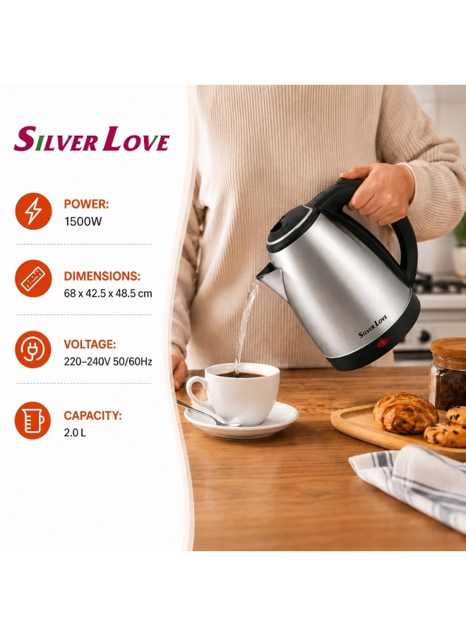 Silver Love Electric Kettle, Stainless Steel, 2.0L, 1500W, Fast Boil, Auto Shut-Off - Image 5