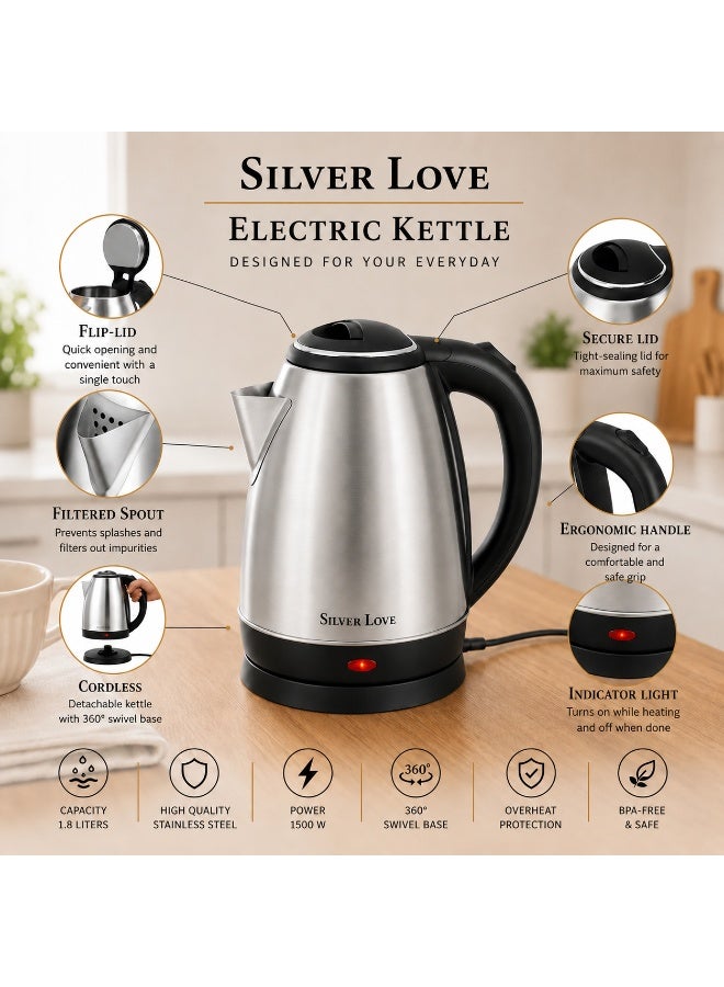 Silver Love Electric Kettle, Stainless Steel, 2.0L, 1500W, Fast Boil, Auto Shut-Off - Image 4