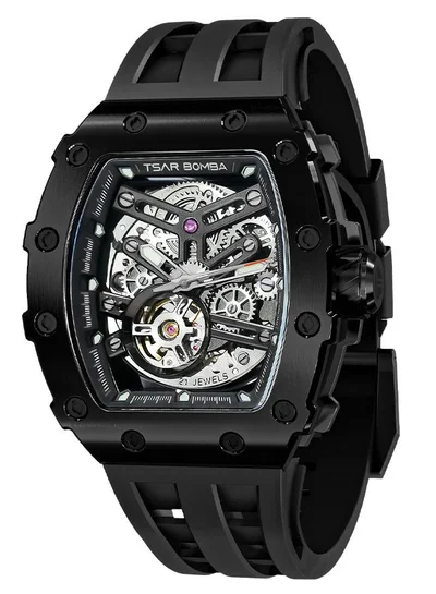 TSAR BOMBA Elemental Series 43mm Automatic Men's Watch with Black Silicone Strap