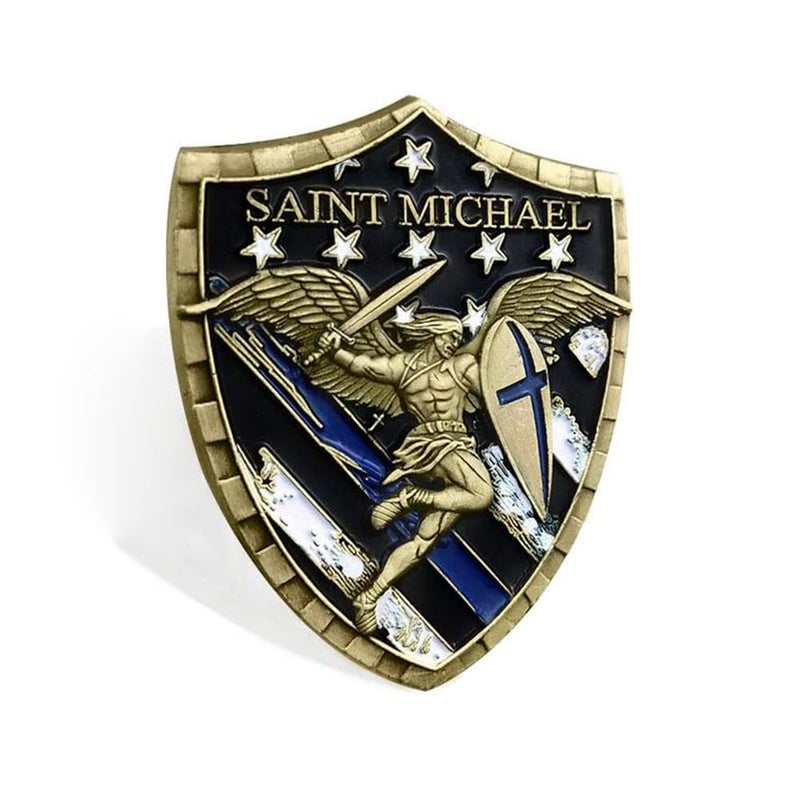 Rumkou St. Michael Law Enforcement Challenge Coin Thin Blue Line Police Officer Shield Prayer Coin - Image 2