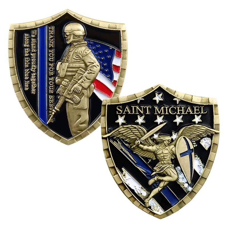 Rumkou St. Michael Law Enforcement Challenge Coin Thin Blue Line Police Officer Shield Prayer Coin - Image 1