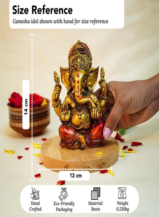 إخاصة تمثال غانيشا مطلي بالذهب العتيق من سلسلة إيخاسا أورا (5 بوصات) | تمثال غانيشا من غبار الرخام لغرفة الصلاة، ديكور المنزل، مكتب العمل | تمثال فيناياغار من الراتنج لطقوس ديوالي | تمثال فيناياكا كهدية - Image 3