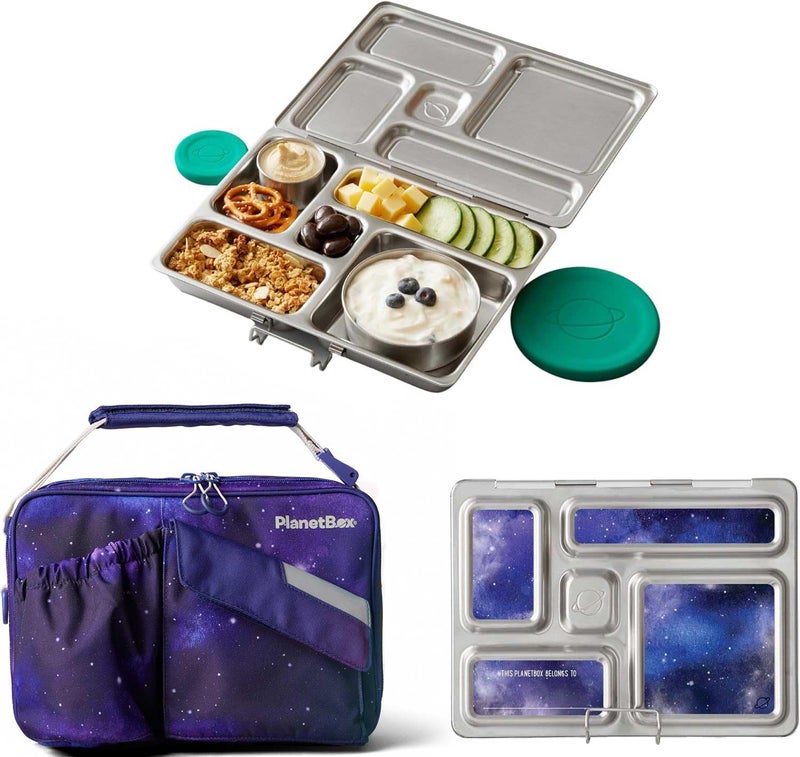 PlanetBox Rover Stainless Steel Bento Box Style Lunch Box Kit for Kids with 5 Compartments Stardust Edition includes Insulated Lunch Bag Leakproof Food Containers and Matching Magnets