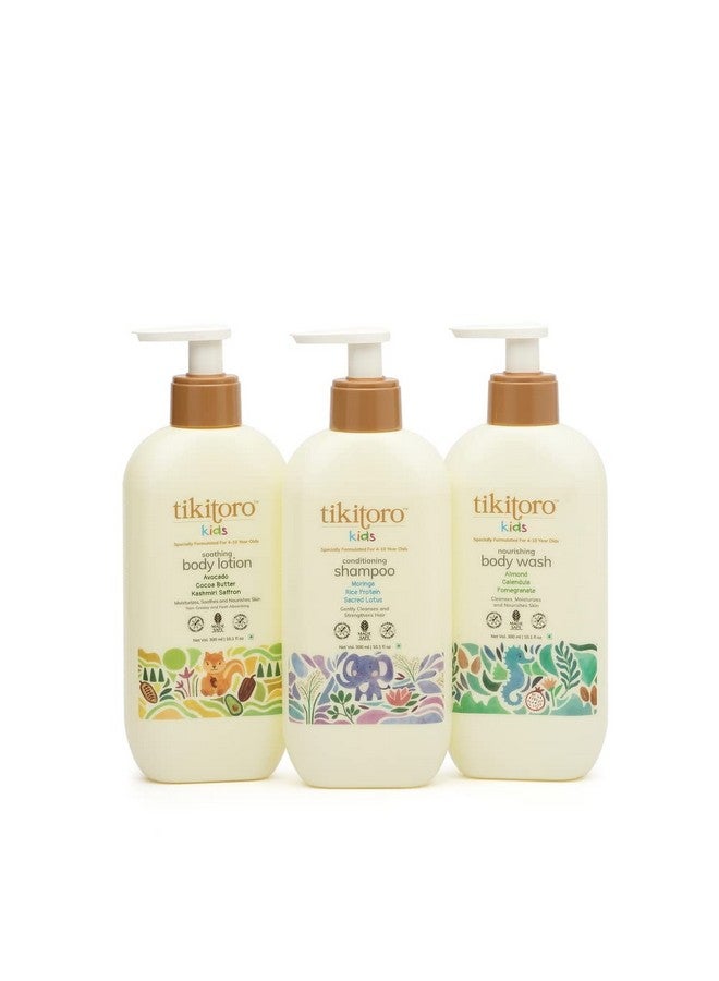 Tikitoro Kids Body and Hair Combo Offer Pack - 300ml x 3, Nourishing Body wash, Conditioning Shampoo & Soothing Body Lotion, Gift Sets for Kids, 100% Vegan, Age: 4+ Years. - Image 1