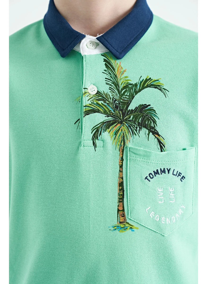 تومي لايف Aqua Green Printed Pocket Detailed Standard Size Polo Collar Boy's T-Shirt - 11144