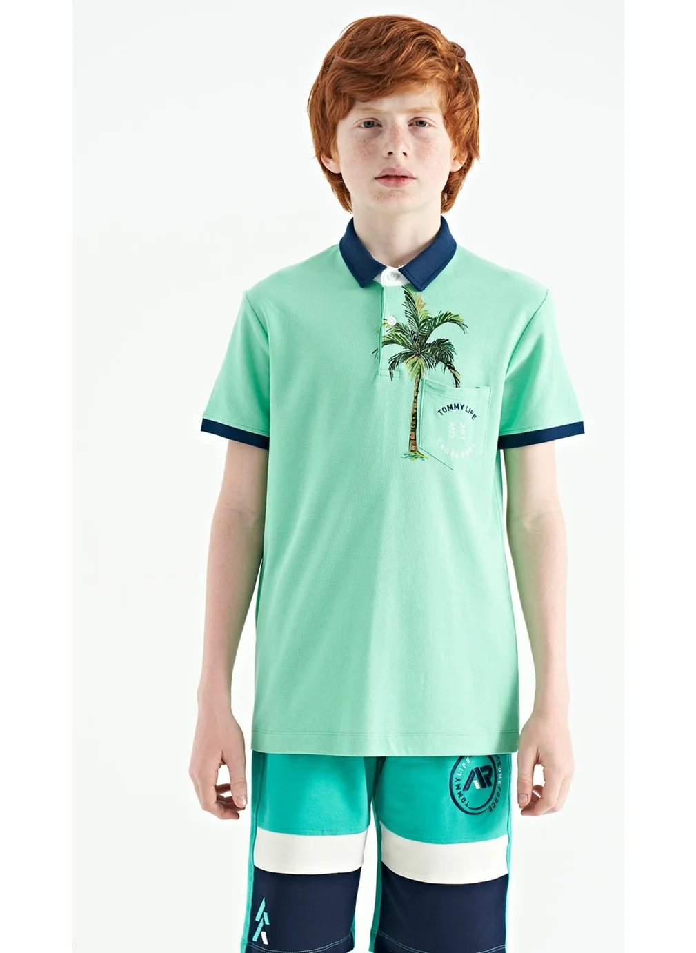 تومي لايف Aqua Green Printed Pocket Detailed Standard Size Polo Collar Boy's T-Shirt - 11144