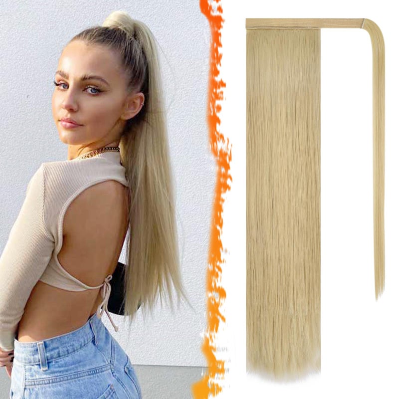 BARSDAR Light Blonde Straight Wrap Ponytail Extension  24 Inch Long Straight Wrap Around Ponytails for Women Clip in Ponytail Hair Extensions Synthetic Blonde Pony Tails Hairpieces