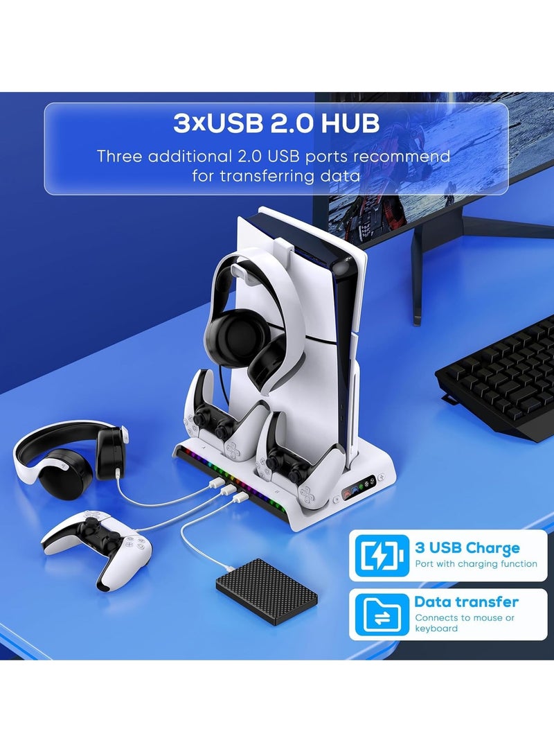 Ipega PS5 Slim Cooling Stand with Controller Charging Station for PS5 Slim Console (Digital/Disc) PS5 Slim Accessories Incl 9 RGB Lights & Headset Hook, 3-Level Silent Fan, 3 USB Port (White - Image 4