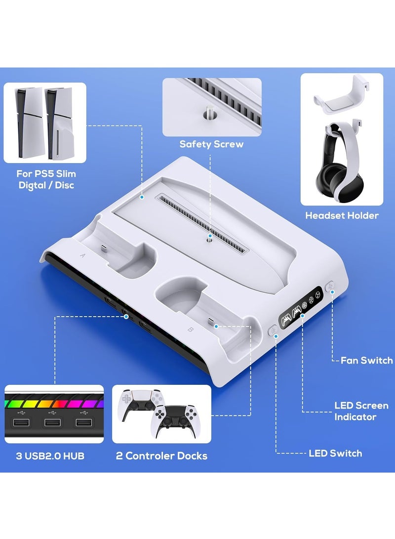 Ipega PS5 Slim Cooling Stand with Controller Charging Station for PS5 Slim Console (Digital/Disc) PS5 Slim Accessories Incl 9 RGB Lights & Headset Hook, 3-Level Silent Fan, 3 USB Port (White - Image 3