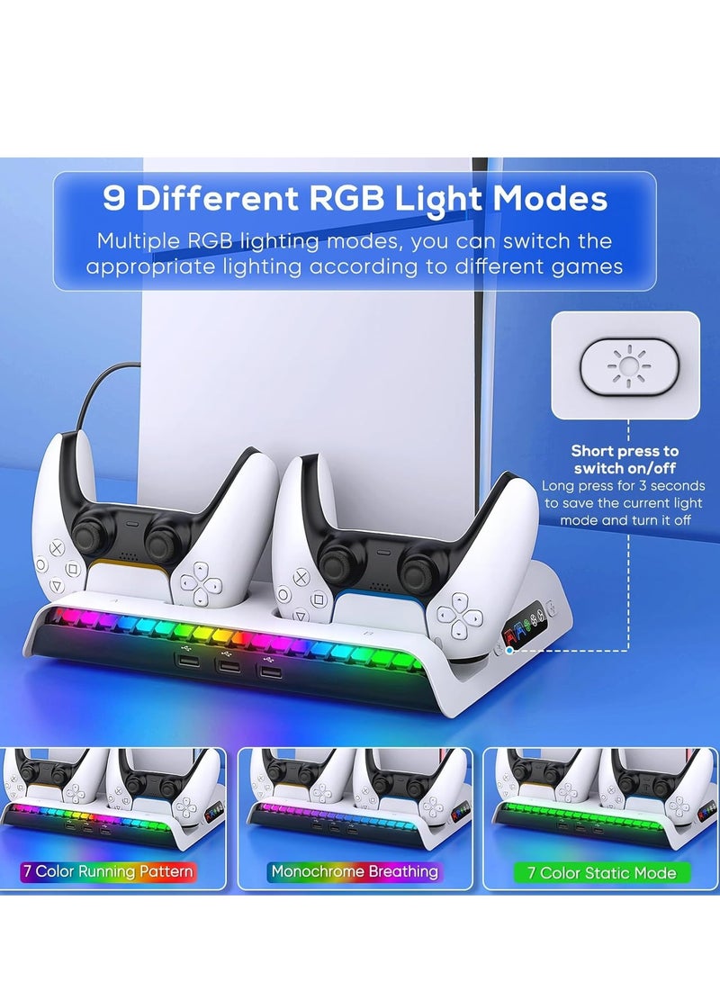 Ipega PS5 Slim Cooling Stand with Controller Charging Station for PS5 Slim Console (Digital/Disc) PS5 Slim Accessories Incl 9 RGB Lights & Headset Hook, 3-Level Silent Fan, 3 USB Port (White - Image 5