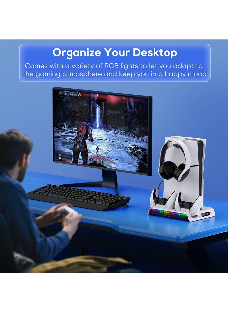 Ipega PS5 Slim Cooling Stand with Controller Charging Station for PS5 Slim Console (Digital/Disc) PS5 Slim Accessories Incl 9 RGB Lights & Headset Hook, 3-Level Silent Fan, 3 USB Port (White - Image 2