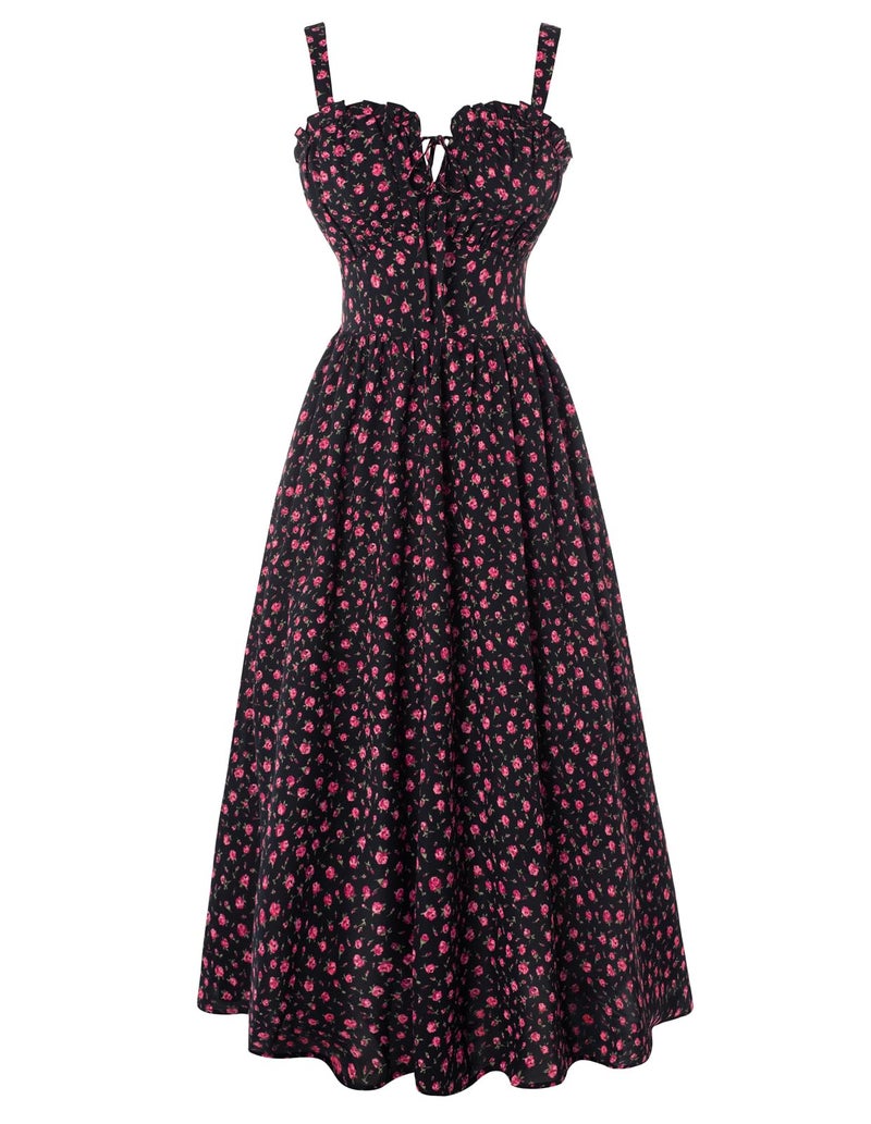 Scarlet Darkness Dresses for Women 2025 Summer Milkmaid Dress Cottagecore Fairy Dresses Black Floral XXL
