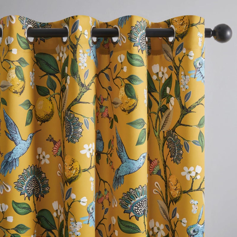 Topfinel Living Room Curtains 72 Inches Long Mustard Yellow Vintage Curtains & Drapes, Room Darkening Grommet Luxury Whimsical Floral Lemon Hummingbird Colorful Blackout Drapes for Living Room Bedroom - Image 1