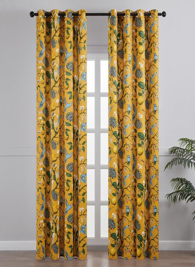Topfinel Living Room Curtains 72 Inches Long Mustard Yellow Vintage Curtains & Drapes, Room Darkening Grommet Luxury Whimsical Floral Lemon Hummingbird Colorful Blackout Drapes for Living Room Bedroom - Image 2