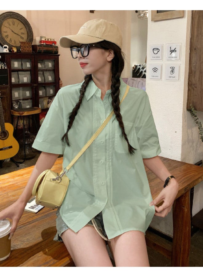 TonLion 2025 Summer Women's Lapel Collar Blouse With Front Pleated Detail, Short Sleeve Comfortable Versatile Office Wear Fashion Minimalist Top - Image 1