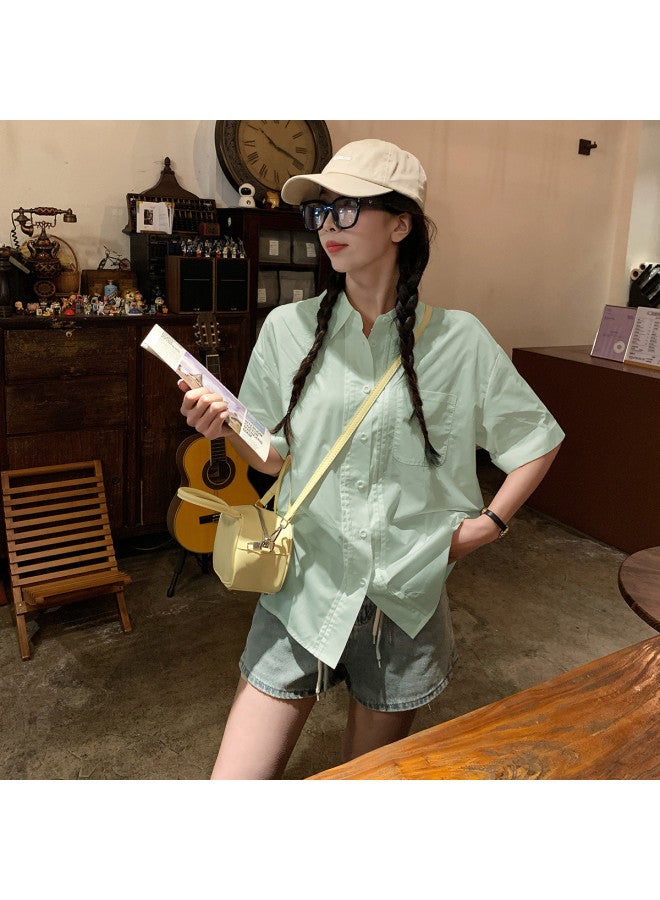 TonLion 2025 Summer Women's Lapel Collar Blouse With Front Pleated Detail, Short Sleeve Comfortable Versatile Office Wear Fashion Minimalist Top - Image 3