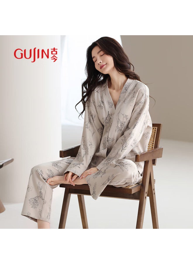 Gujin Women's Pajamas, Spring And Summer, Pure Cotton, With Chest Pads, Long-sleeve Cardigan, New Style, Artistic And Elegant Home Wear - Image 2