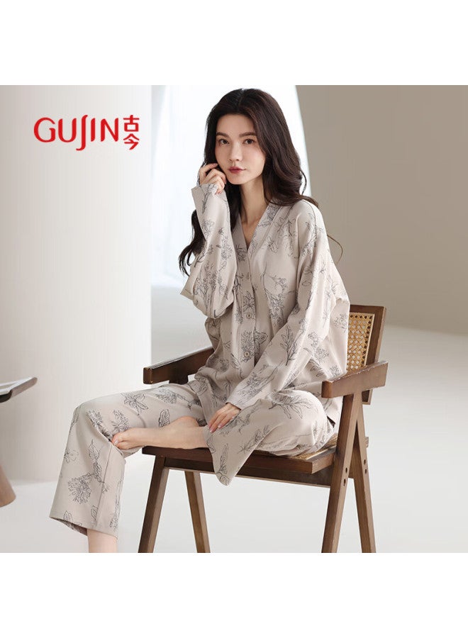 Gujin Women's Pajamas, Spring And Summer, Pure Cotton, With Chest Pads, Long-sleeve Cardigan, New Style, Artistic And Elegant Home Wear - Image 1