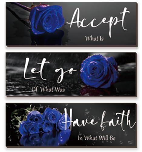 ZINYAZHE 3 Pcs Blue Bathroom Wall Decors Inspirational Blue Decor Wooden Roses Flower Wall Art Office Wall Decor with Accept Let Go Have Faith Quotes for Girl Women Bathroom Bedroom(12 x 4 Inch) - Image 1